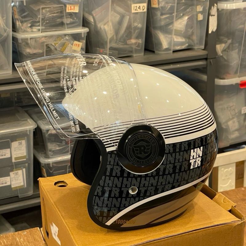 Helm Open Face Long Visor Copter Hunter Putih Hitam Kilap Lingkaran Biru (Teal) XL KECIL RRGHEA240838 - Royal Enfield ASLI