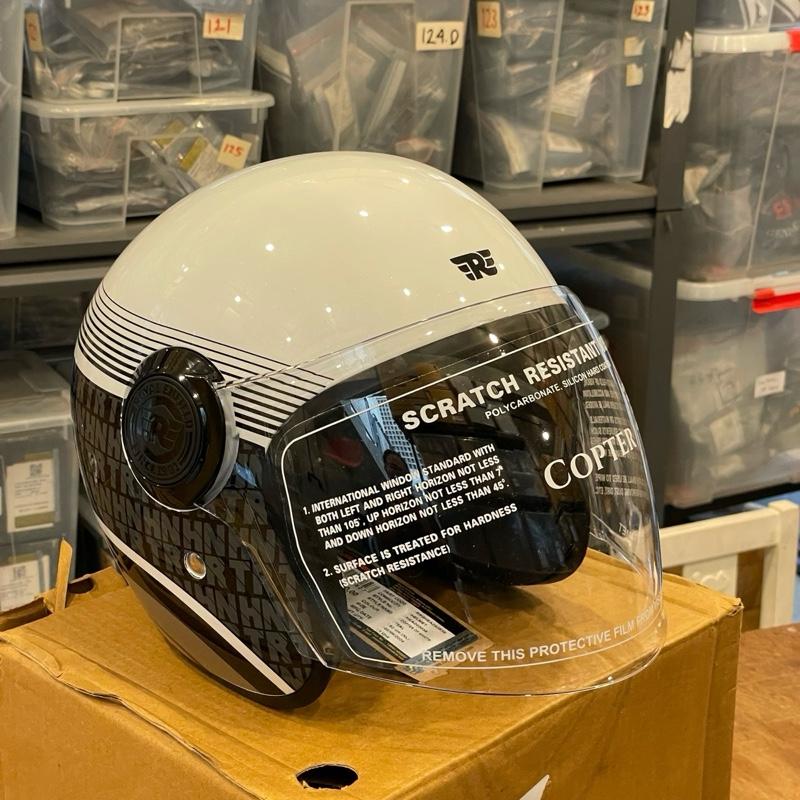 Helm Open Face Long Visor Copter Hunter Putih Hitam Kilap Lingkaran Biru (Teal) XL KECIL RRGHEA240838 - Royal Enfield ASLI