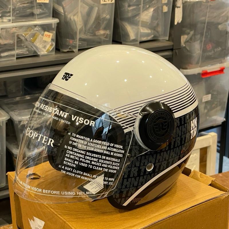 Helm Open Face Long Visor Copter Hunter Putih Hitam Kilap Lingkaran Biru (Teal) XL KECIL RRGHEA240838 - Royal Enfield ASLI